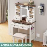 Farmhouse Vanity Desk with LED Lighted Sliding Mirror  Makeup Vanity Table with 4 Drawers Shelves