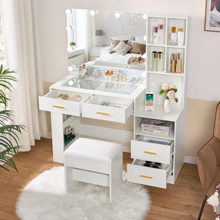 White Vanity Desk with Mirror and Lights,Vanity with Glass Top,Makeup Vanity Set Makeup Desk Dressing Table