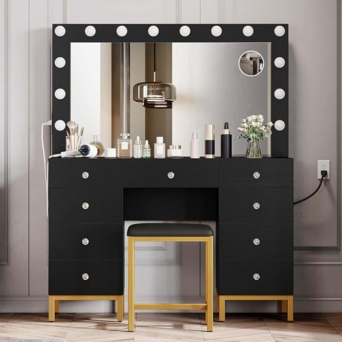 Makeup Vanity Set with Lighted Mirror, Power Outlet and 14 Lights, Vanity Desk with 9 Drawers, 3 Color Modes Available for Bedroom