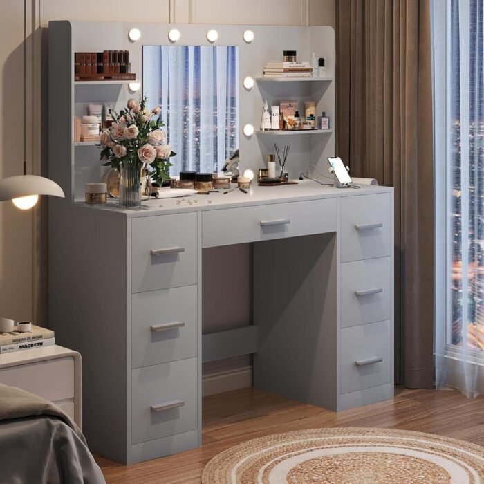 Vanity Desk with Mirror, Power Outlet and 10 Lights, Makeup Table with 7 Drawers, 3 Color Modes Available for Bedroom