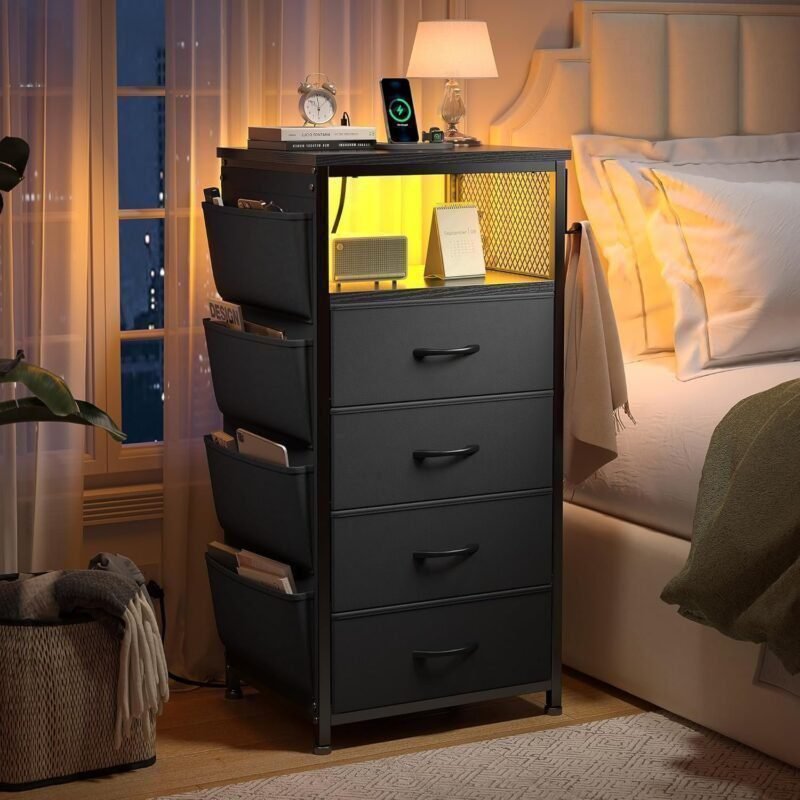 Dresser for Bedroom with Charging Station & LED Lights,4 Storage Drawers,Dresser Chest of Drawers