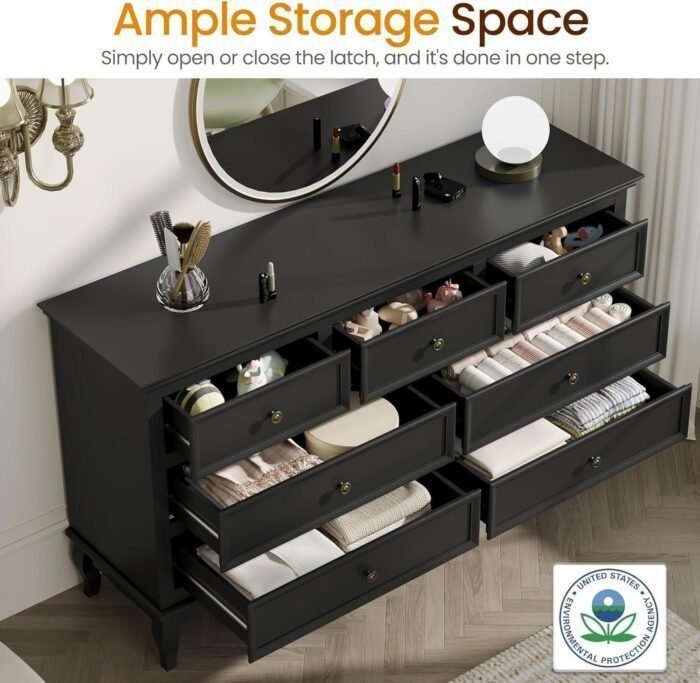 Dresser for Bedroom, 7 Drawers Dresser with Distinctive Wooden Legs & Black Paint Finish