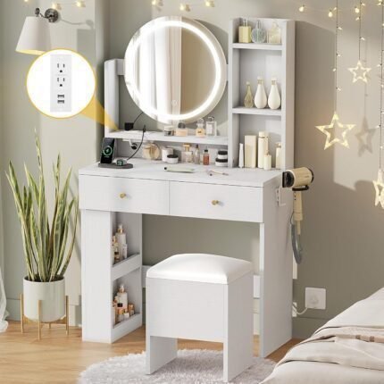 Makeup Vanity Desk with LED Lighted Mirror, White Vanity Set with Charger Station, Small Spaces Vanity Table