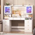 Large White Vanity Desk w/ Tempered Glass Top, color LED Lights,Power Outlet, Make up Vanity