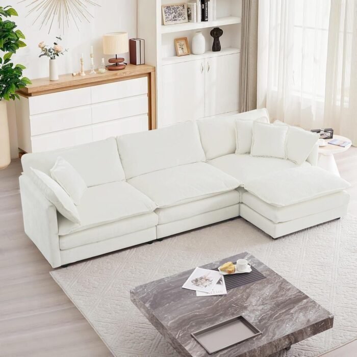 L Shaped Couch Set for Living Room, 3-Seater Comfy Cloud Couches with Movable Ottoman