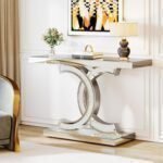 Mirrored Console Table, Modern Silver Entryway Table with Sparkling Crystal Inlays, 39-inch Glass Sofa Table