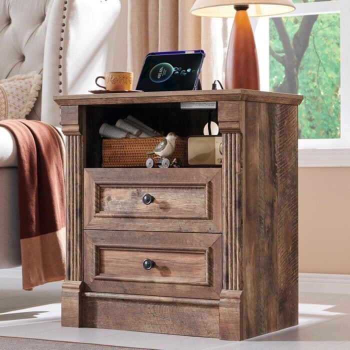 26" Tall Nightstand with Charging Station, Farmhouse 23.6" Wide Large End Table w/Roman Column