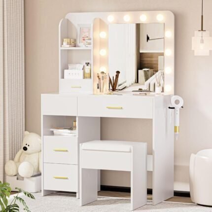 Vanity Desk with LED Lighted Mirror Makeup Vanity Desk with 5 Large Drawers and 3 Storage Shelves