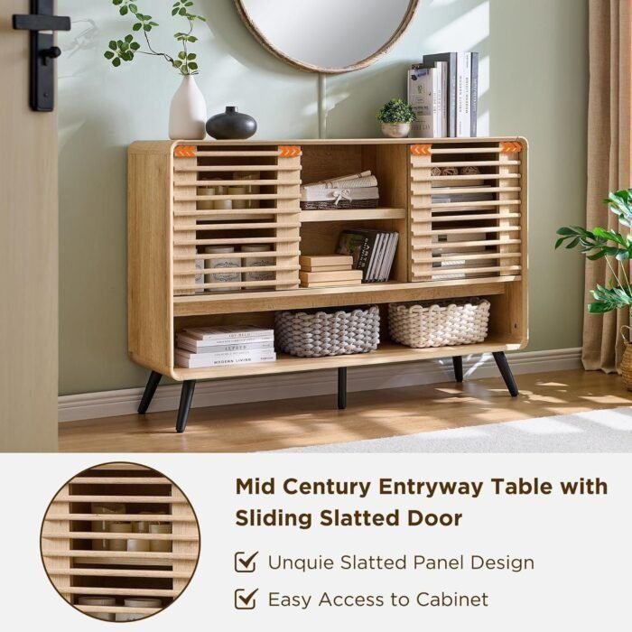 Entryway Table with Slatted Sliding Door, Mid Century Modern Console Table w/Adjustable Storage Shelf