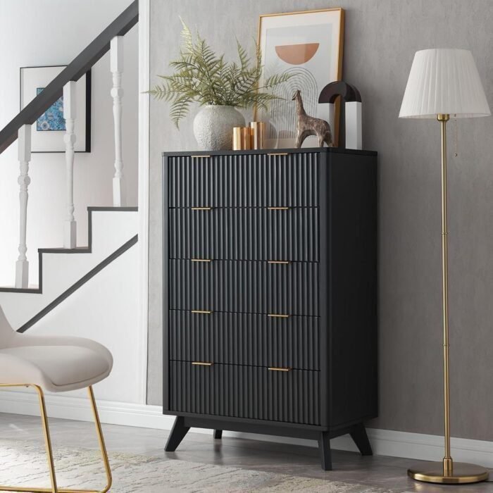 Fluted 5 Drawers Dresser, 48" Tall Modern Chest of Drawers with Faux Marble Top, Curved Profile Design