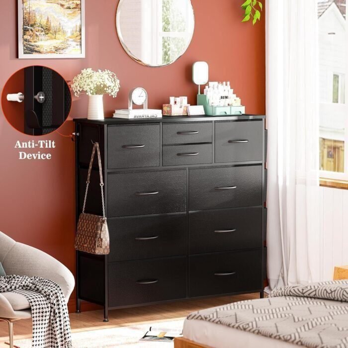 Dresser for Bedroom with 10 Drawers, Chest of Drawers with Side Pockets and Hooks, PU Storage Dresser