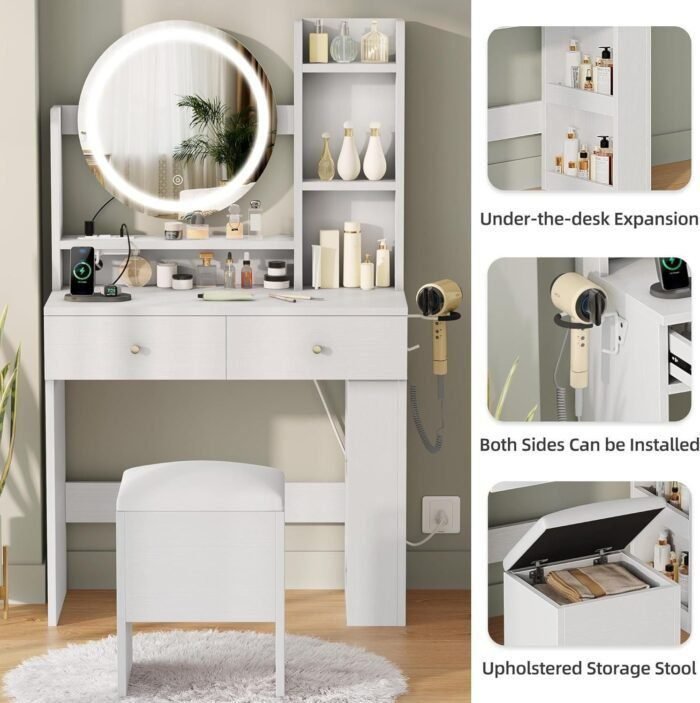 Makeup Vanity Desk with LED Lighted Mirror, White Vanity Set with Charger Station, Small Spaces Vanity Table