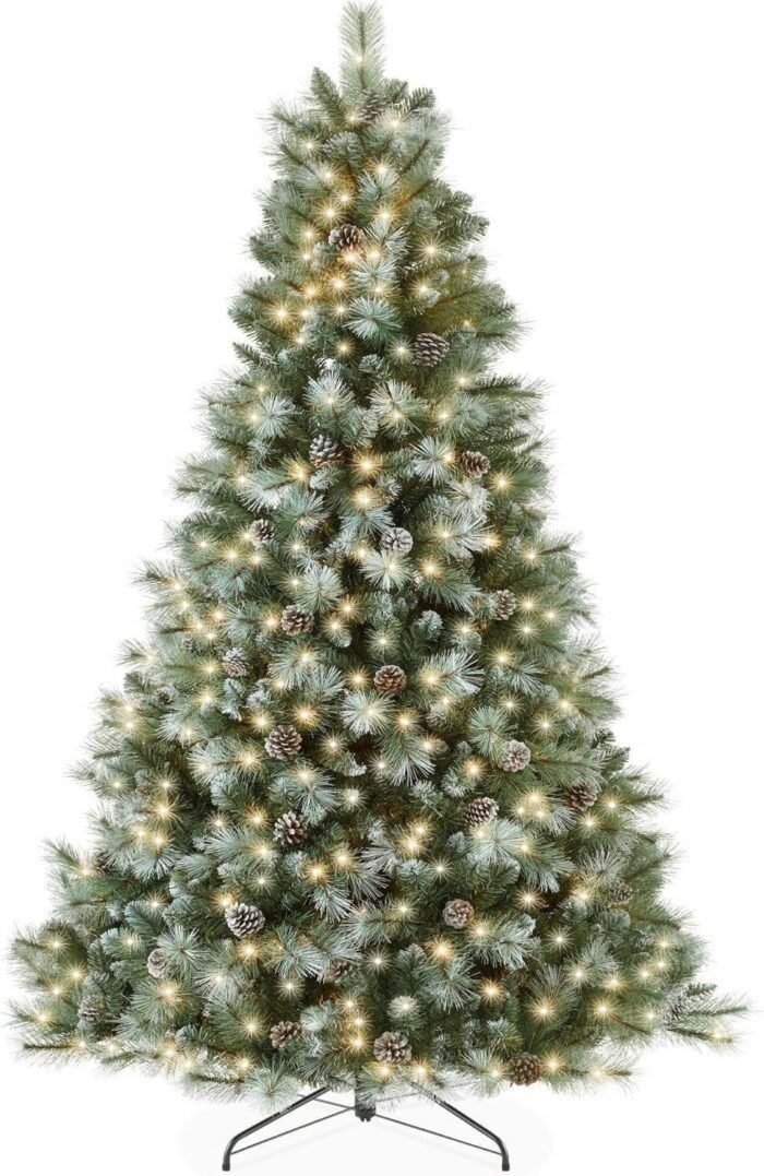 4.5ft Pre-Lit Scotch Pine Christmas Tree, Premium Frosted Pre-Decorated Artificial Holiday Decor w/ 396 Branch Tips