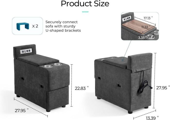 Versatile Console for Rubik I Modular Sectional Sofa, Multifunctional Side Table Integrated Power, Cup Holders