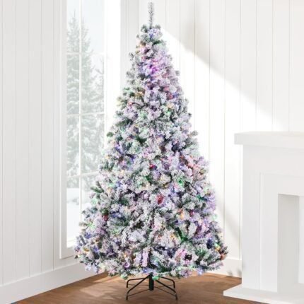 Artificial Christmas Tree 4.5ft Snow Flocked Pine Tree, 2-in-1 White and Multicolor LED Lights