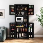 Kitchen Pantry Storage Cabinet, Freestanding Larder Cupboard, Kitchen Hutch Cabinet with Microwave Stand,Utility Pantry with Doors and Shelves