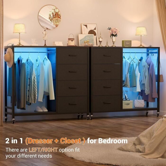 Dresser for Bedroom with Clothes Rack, 4 Drawers Dresser with Charging Station LED Lights