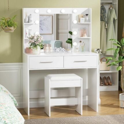 Vanity Desk with Mirror, Makeup Table with 2 Large Drawers, Power Outlet and Round Holder