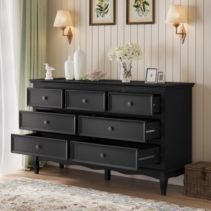 Dresser for Bedroom, 7 Drawers Dresser with Distinctive Wooden Legs & Black Paint Finish