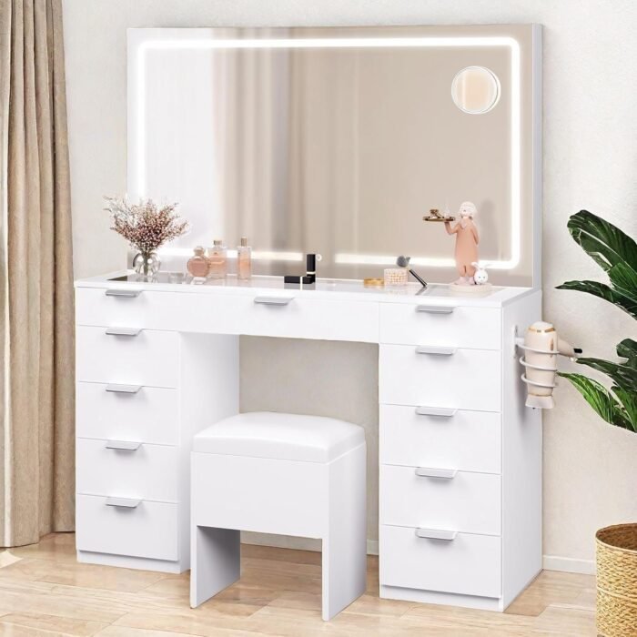 Makeup Vanity with Spacious LED-Lit Mirror Built-in Socket, Vanity Table with 11 Compartments and Magnifier