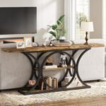 Extra Long Entry Console Table, Rustic Industrial Sofa Table Behind Couch, 3 Tier Storage Shelves