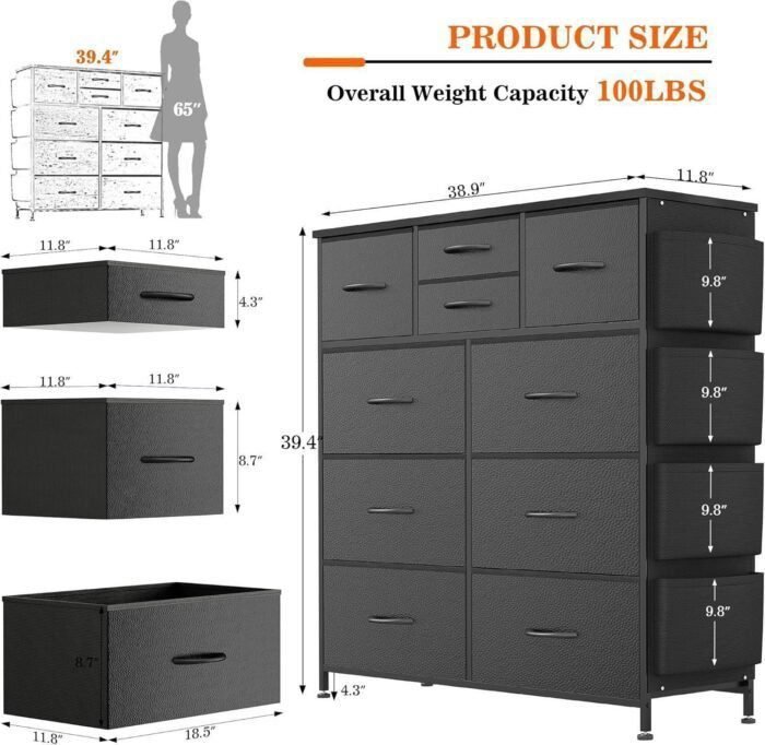 Dresser for Bedroom with 10 Drawers, Chest of Drawers with Side Pockets and Hooks, PU Storage Dresser