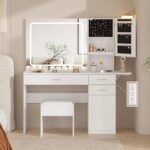 White Vanity Desk with Mirror and Lights, Glass Top Vanity Table with Charging Station, 3 Drawers and Jewelry Cabinet