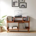 Modern Media Console Record Player Stand, Storage for Vinyl Records, Walnut