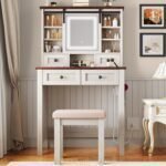 Farmhouse Vanity Desk with LED Lighted Sliding Mirror  Makeup Vanity Table with 4 Drawers Shelves