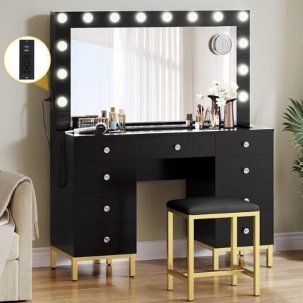 Makeup Vanity Set with Lighted Mirror, Power Outlet and 14 Lights, Vanity Desk with 9 Drawers, 3 Color Modes Available for Bedroom