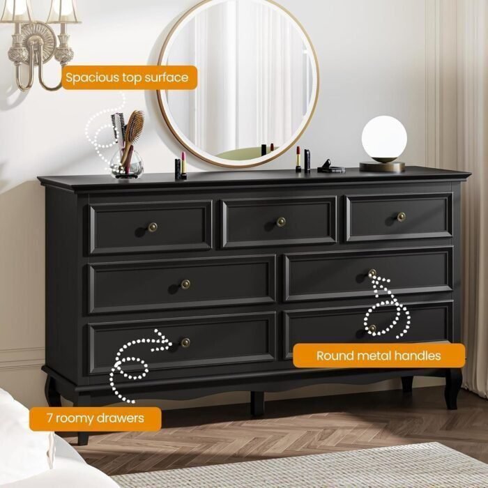 Dresser for Bedroom, 7 Drawers Dresser with Distinctive Wooden Legs & Black Paint Finish