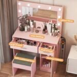 Vanity Desk with Mirror and Light, Large Drawer Power Socket with 11 Light Bulbs, 3 Adjustable Lighting Modes