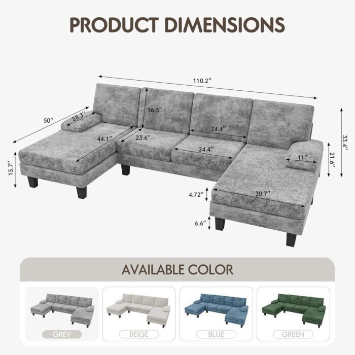 Convertible Sectional Sofa U-Shaped Couch with Soft Modern Cotton Chenille Fabric for Living Room