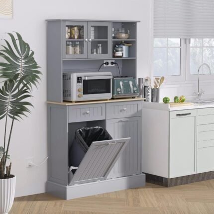 68" Kitchen Pantry Storage Cabinet with Charging Station, 2 Tilt Out 10 Gallon Trash Can Cabinets and Drawers