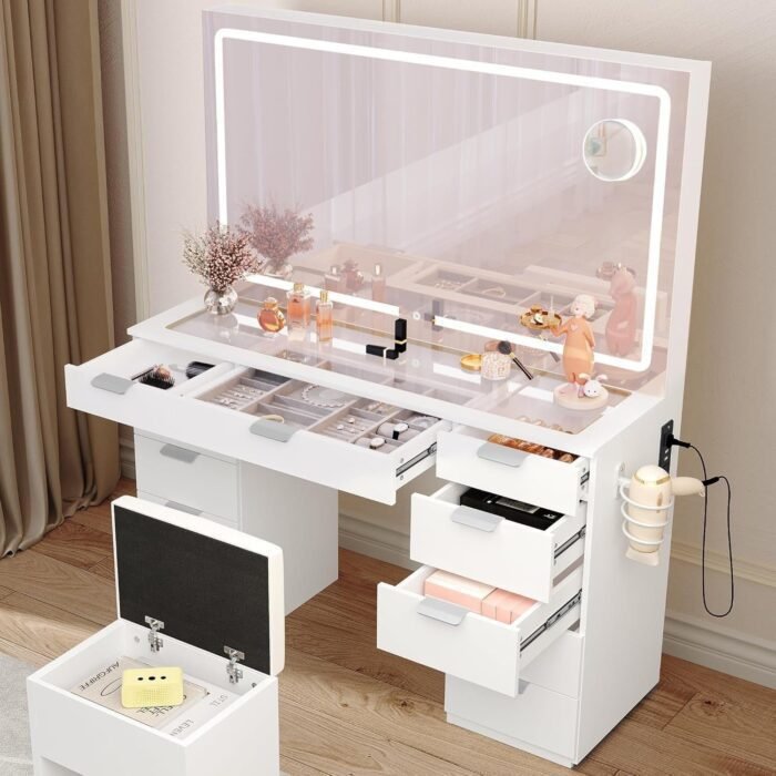 Makeup Vanity with Spacious LED-Lit Mirror Built-in Socket, Vanity Table with 11 Compartments and Magnifier