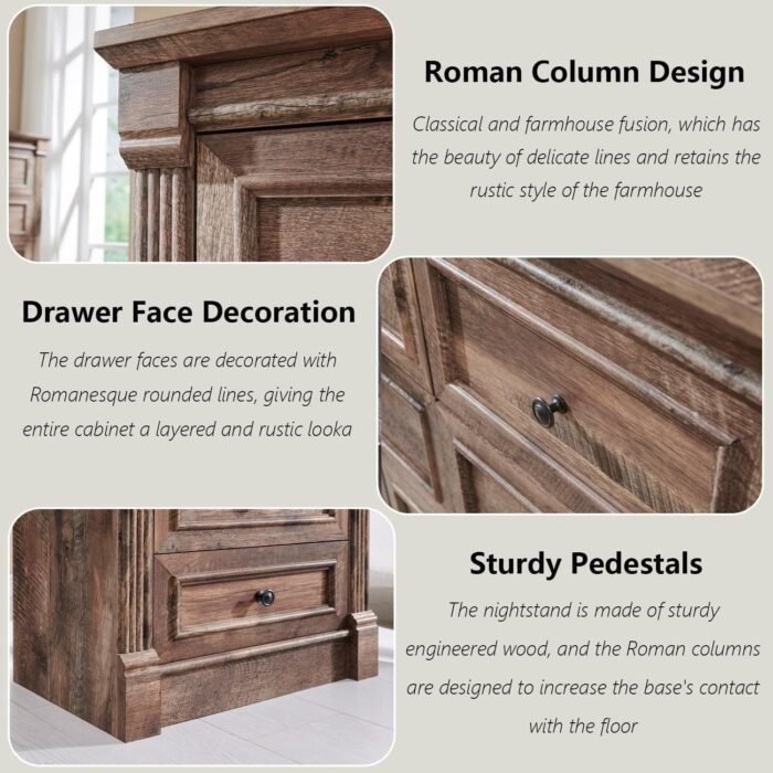 26" Tall Nightstand with Charging Station, Farmhouse 23.6" Wide Large End Table w/Roman Column