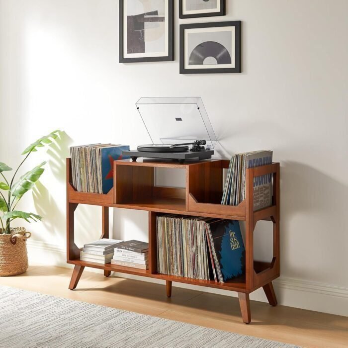 Modern Media Console Record Player Stand, Storage for Vinyl Records, Walnut