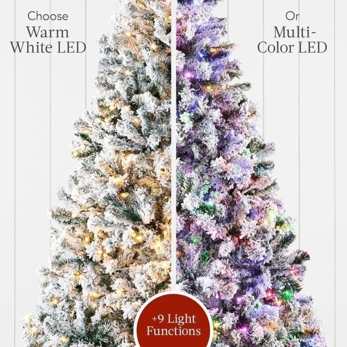 Artificial Christmas Tree 4.5ft Snow Flocked Pine Tree, 2-in-1 White and Multicolor LED Lights