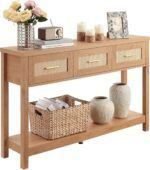 Console Table with Rattan 3 Drawers, Boho Entryway Table with Storage Shelf, Narrow Wood Sofa Table