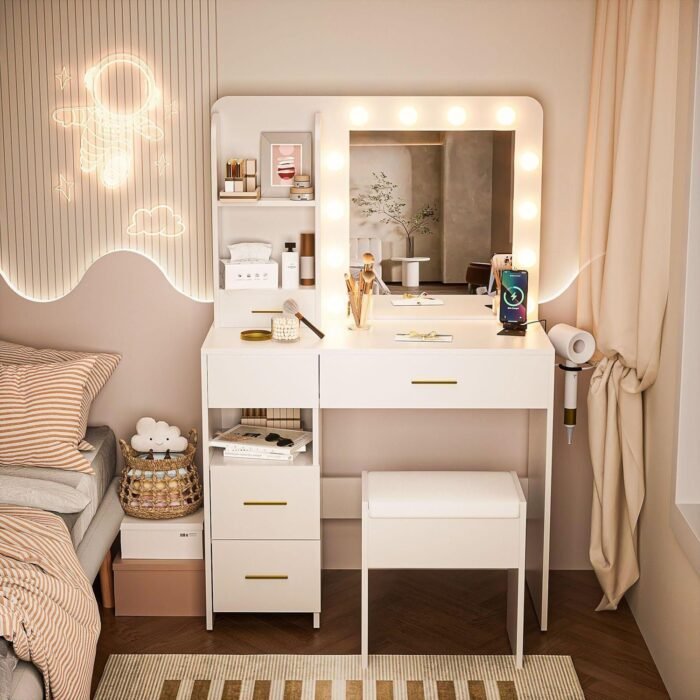 Vanity Desk with LED Lighted Mirror Makeup Vanity Desk with 5 Large Drawers and 3 Storage Shelves