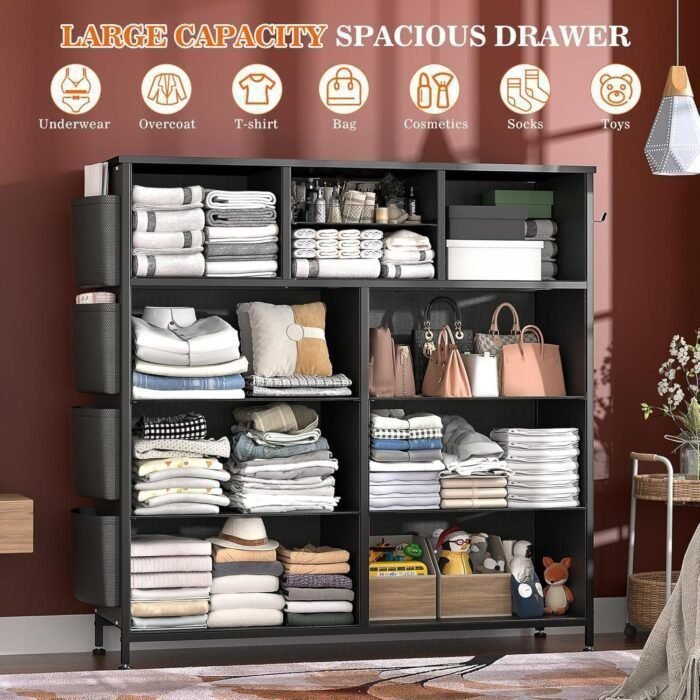 Dresser for Bedroom with 10 Drawers, Chest of Drawers with Side Pockets and Hooks, PU Storage Dresser