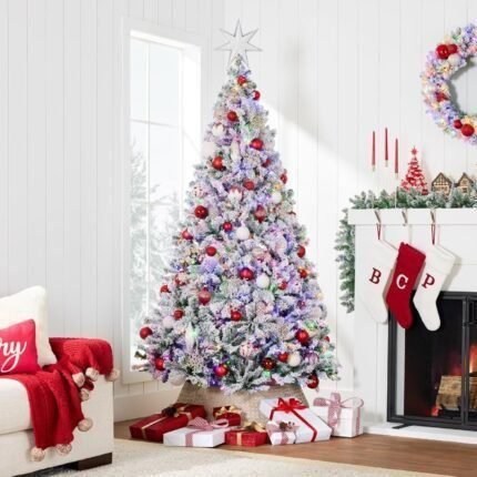 Artificial Christmas Tree 4.5ft Snow Flocked Pine Tree, 2-in-1 White and Multicolor LED Lights