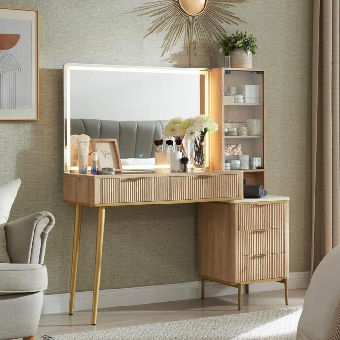 Makeup Vanity Desk with 36" HD Lighted Mirror, 48" Big Modern Vanity Desk with Mirror and Lights, Dressing Table with 5 Drawers