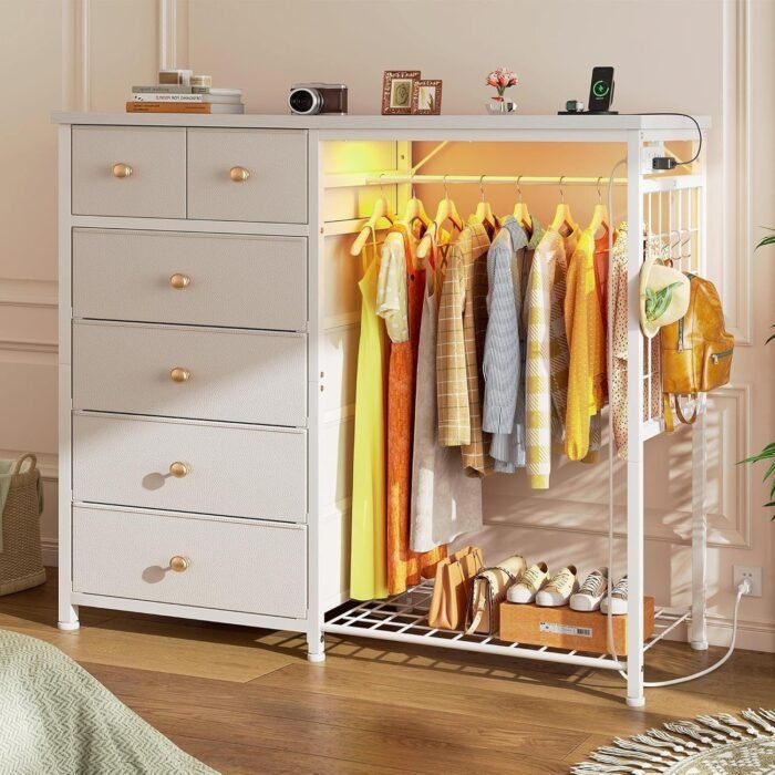 Dresser for Bedroom with Hanging Rack 6 Drawers Dresser with LED Lights Fabric Dressers Chest of Drawer