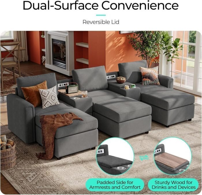 Versatile Console for Rubik I Modular Sectional Sofa, Multifunctional Side Table Integrated Power, Cup Holders