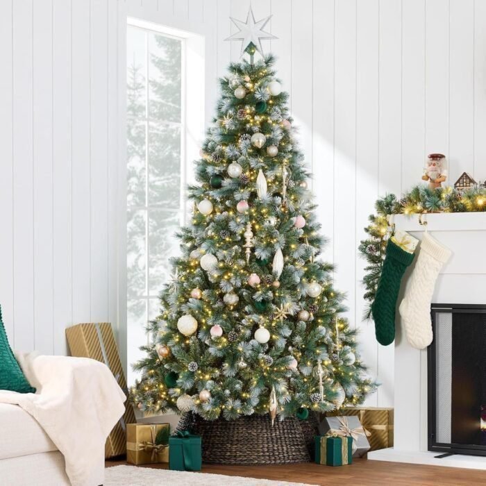 4.5ft Pre-Lit Scotch Pine Christmas Tree, Premium Frosted Pre-Decorated Artificial Holiday Decor w/ 396 Branch Tips