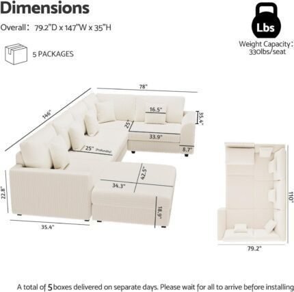 Oversized U Shaped Couch, Convertible Sleeper Sofa, 6 Seat Sofa with Chaise, Deep Seat Comfy Cloud Couch