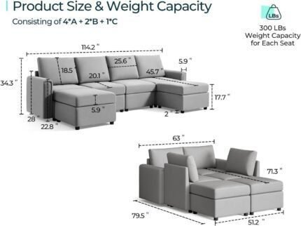 Convertible U Shaped Sofa Couch with Storage, Modular Sectionals with Ottomans, 6 Seat Sofa Set with Chaise