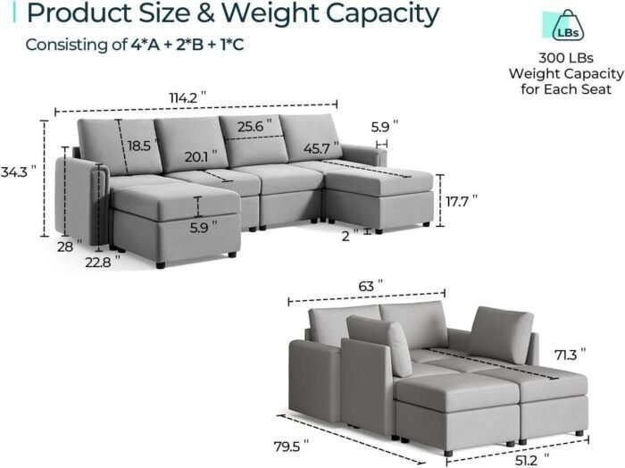 Convertible U Shaped Sofa Couch with Storage, Modular Sectionals with Ottomans, 6 Seat Sofa Set with Chaise