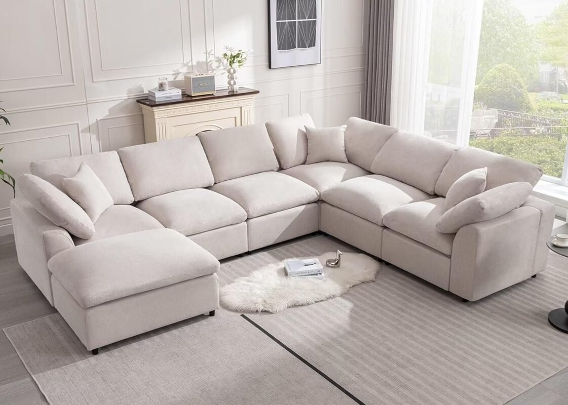 Oversized Cloud Couch with Movable Ottoman 7 Seater L-Shaped Sofas Comfy Couches for Living Room